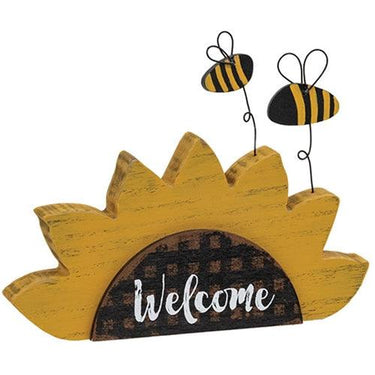 Distressed Wooden Welcome Sunflower Sitter w Bees - The Fox Decor